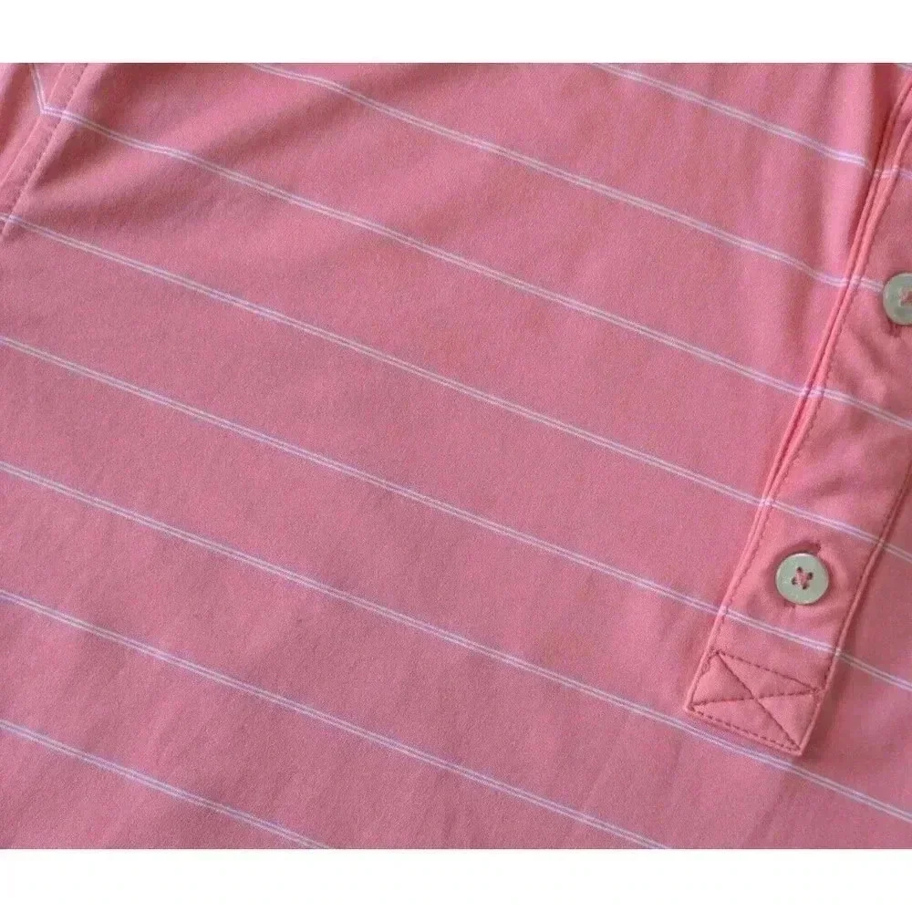 Footjoy Bright Coral Pink White Striped Polo Short Sleeve Shirt Large Wicking